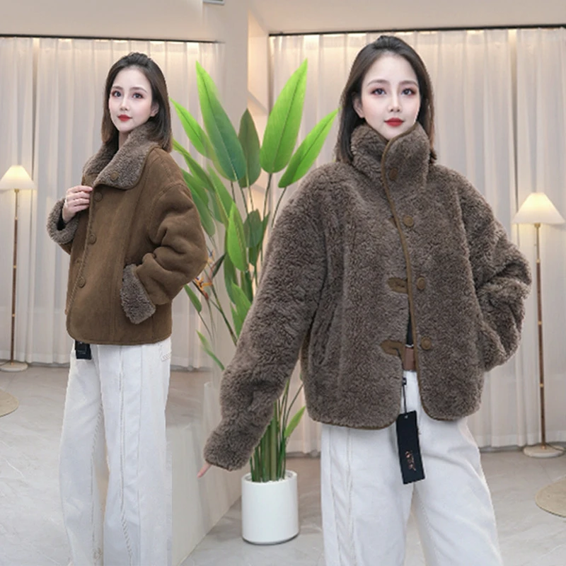 [两面穿]羊毛外套女秋冬加绒加厚短款包边大码皮毛一体羊剪绒大衣
