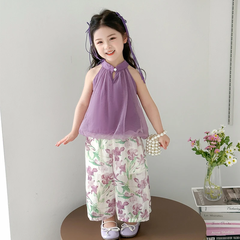 女童套装洋气甜美儿童无袖阔腿裤子两件套小女孩宝宝夏装2025新款