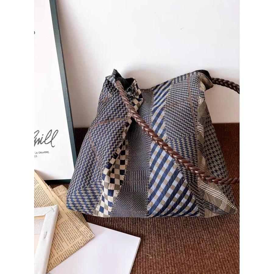 2025新款复古拼接格纹春夏百搭托特包简约文艺布包大容量单肩包