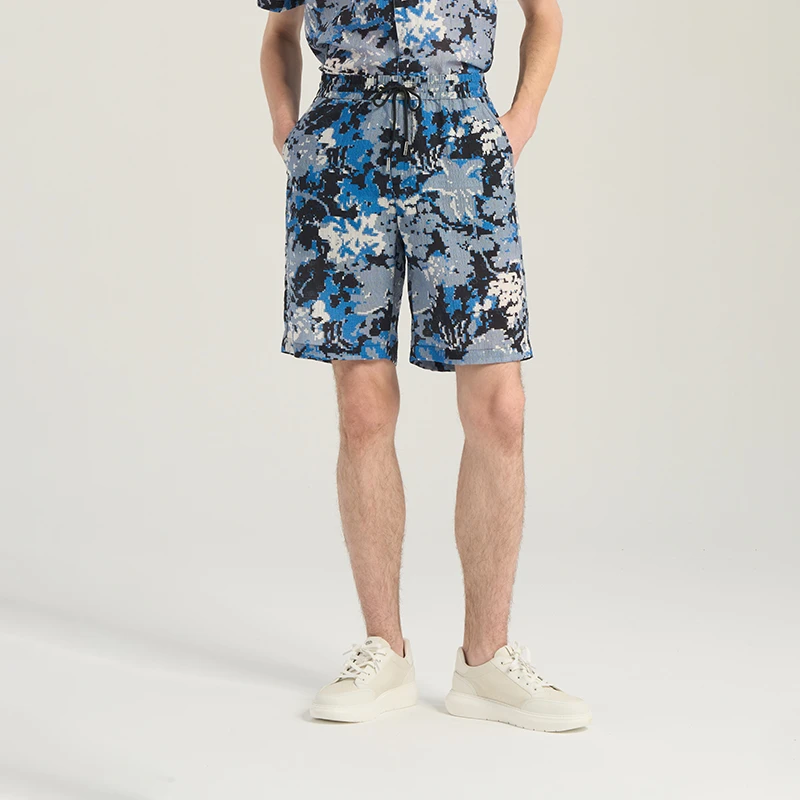 RARE威雅25蓝黑色新款微皱泡泡纱森林植物抽象马赛克设计套装短裤