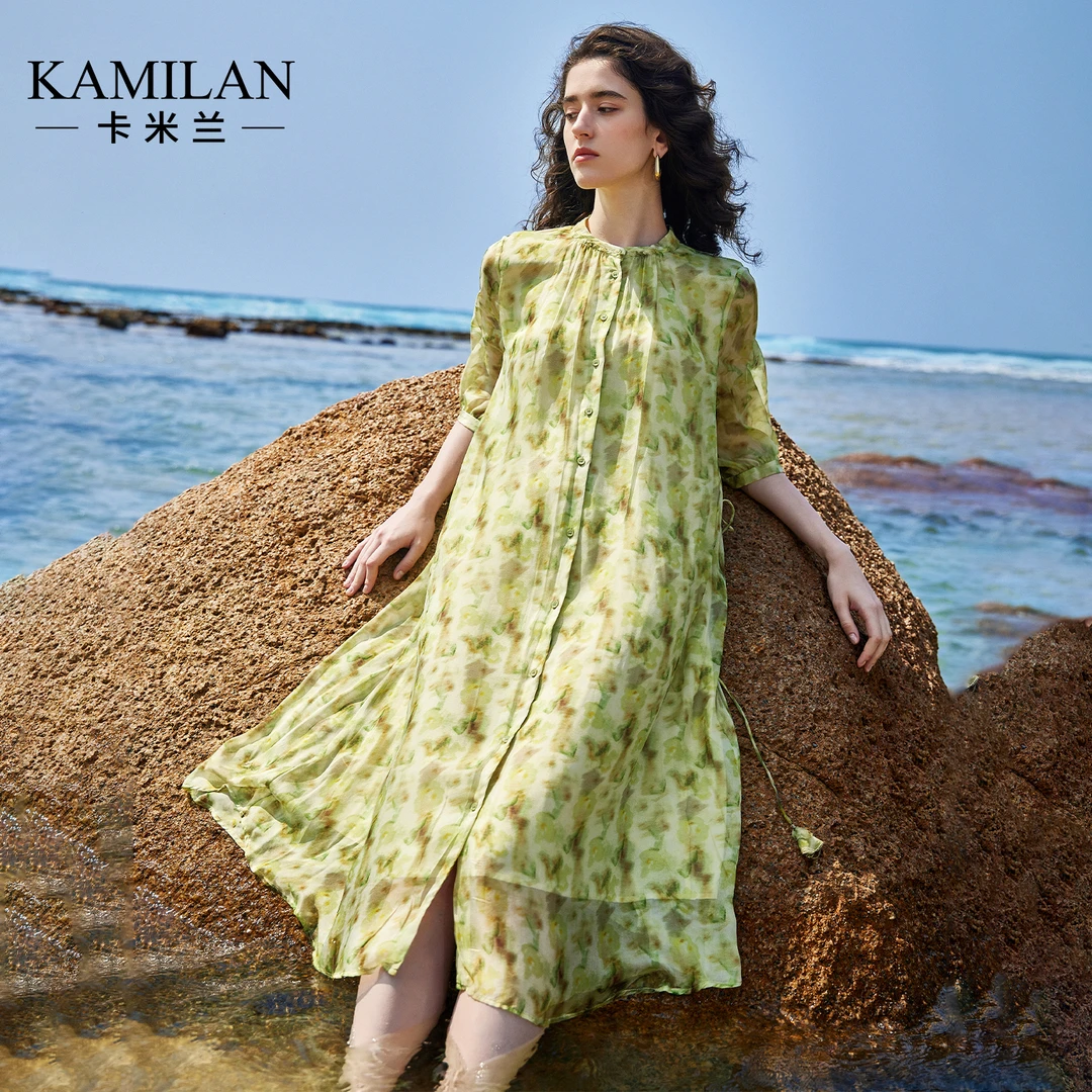 [100桑蚕丝]卡米兰法式漂亮好看海边度假真丝连衣裙女2025夏新款