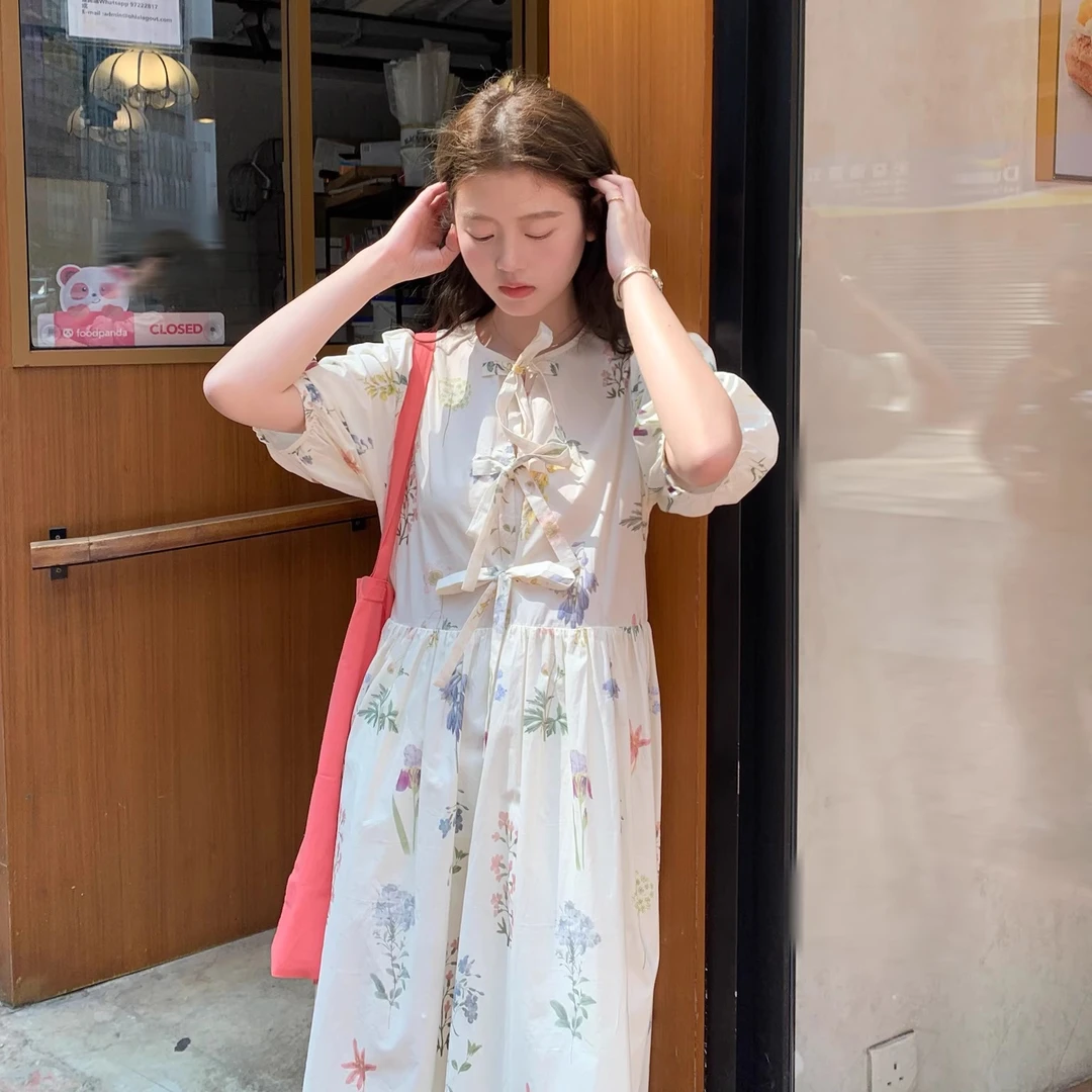 freshtaro 掉进花丛 系带蝴蝶结灯笼袖连衣裙