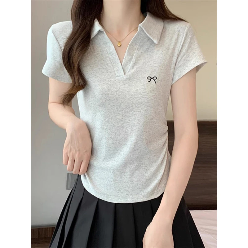 大码正肩纯棉短袖t恤女2025年夏季新款时尚学院风POLO领别致上衣