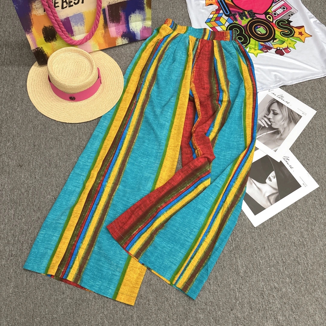 S9801欧货时尚气质大牌范儿冰丝麻条纹阔腿裤