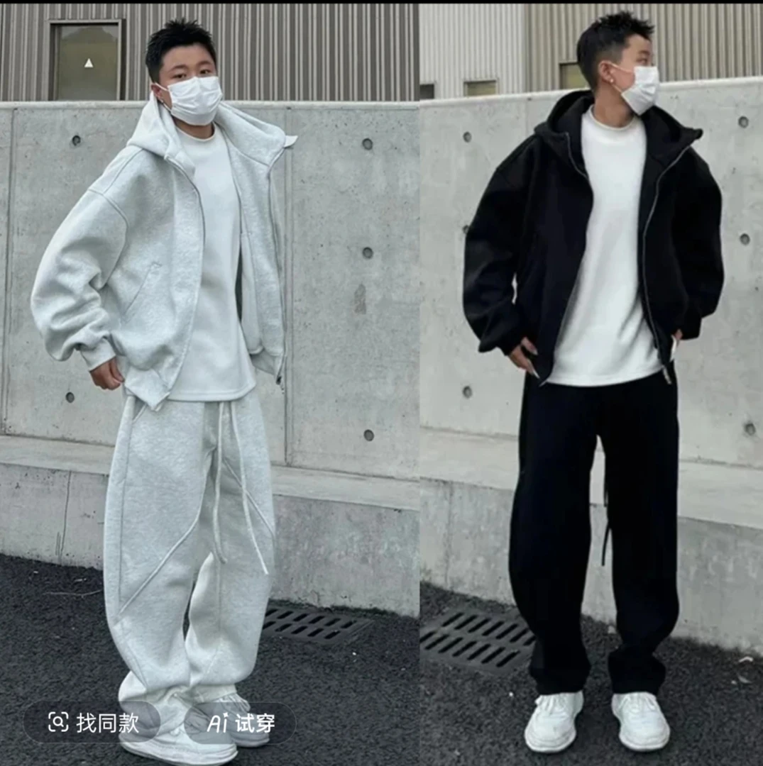 25秋冬新款百搭连帽套装男女情侣同款休闲运动套装弯刀裤时尚潮流