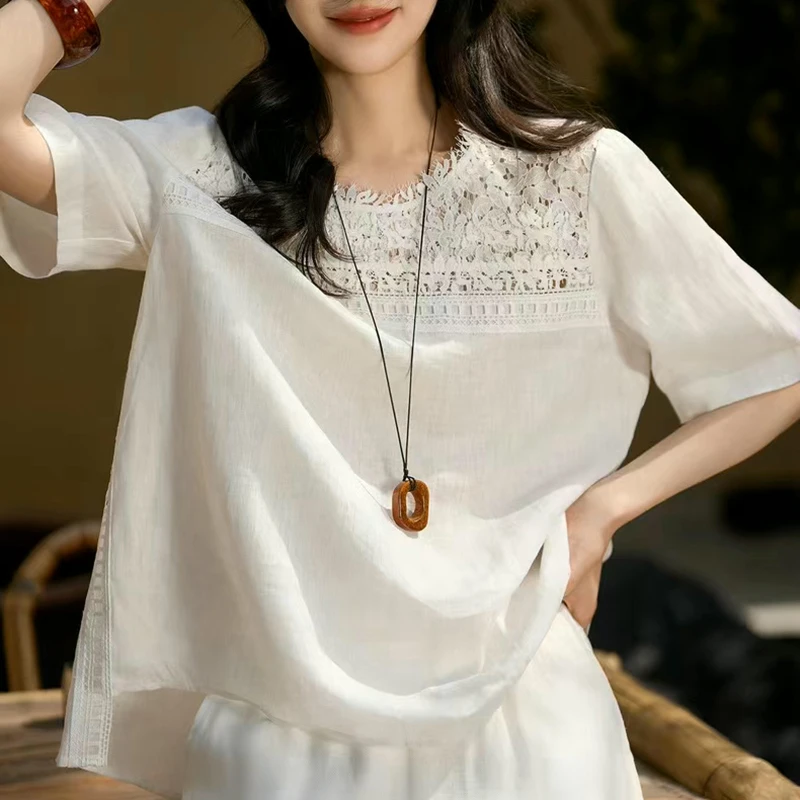 （重工蕾丝拼接苎麻小衫）2546夏季新款法式圆领显瘦衬衣D
