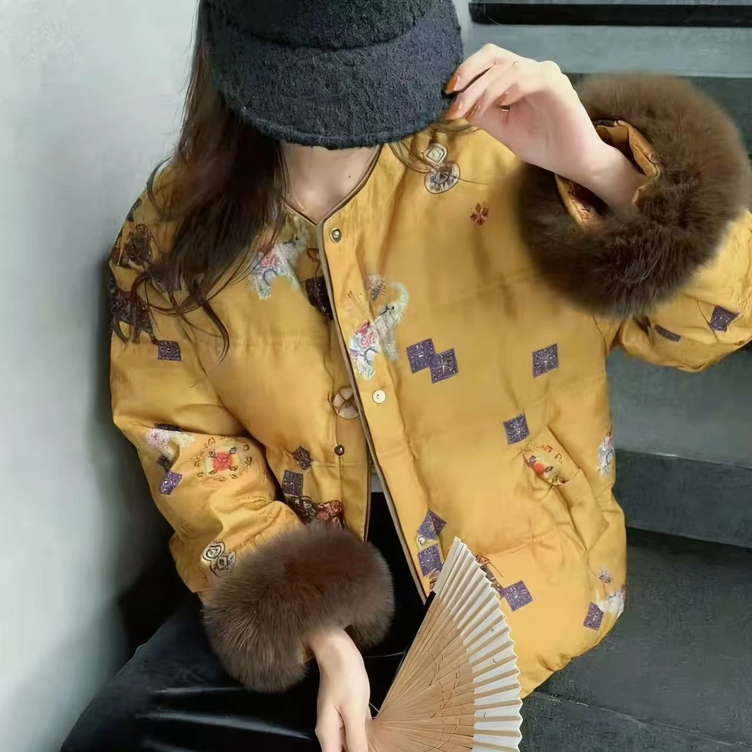 （8536新中式羽绒服）秋冬新款新中式毛领可拆卸羽绒服57/60