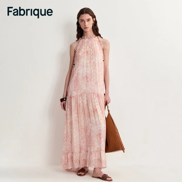 Fabrique Vale 橘子海薄纱印花挂脖度假休闲碎花连衣裙