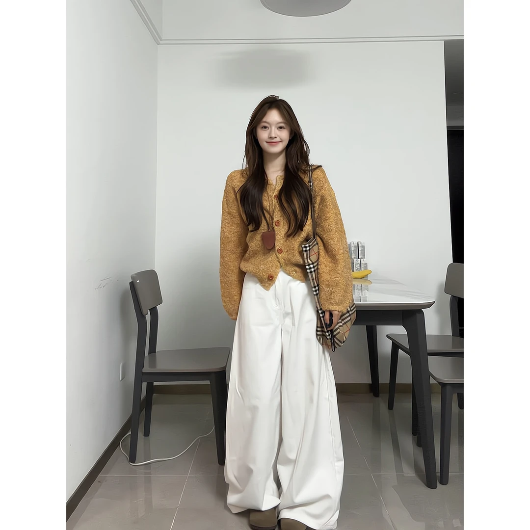 秋冬季新款韩系穿搭黄色针织开衫毛衣外套超好看上衣阔腿裤西装裤