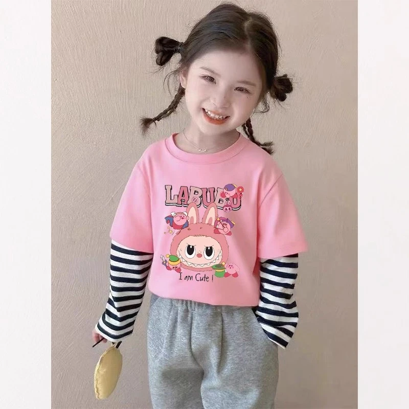 纯棉女童春秋长袖t恤2025新款洋气拼接假两件套打底衫