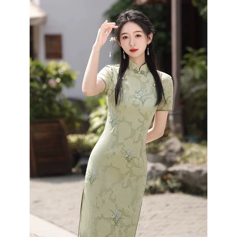 V-2360 语萤 绿 雪纺剪花绣花 夏款年轻款改良旗袍115cm长款