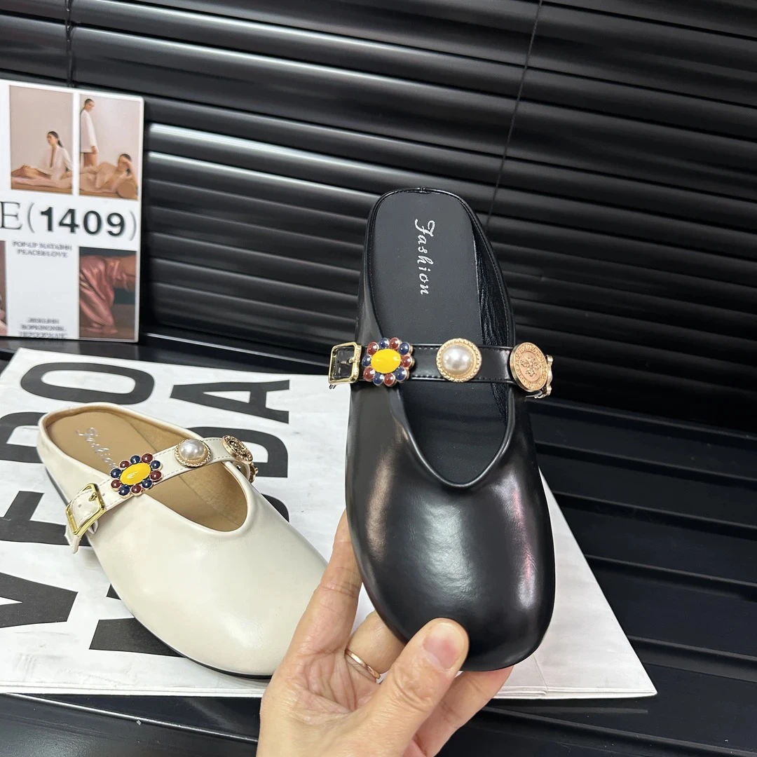 粗跟平底包头胶粘鞋修面皮包头拖春夏夏季玛丽珍半拖