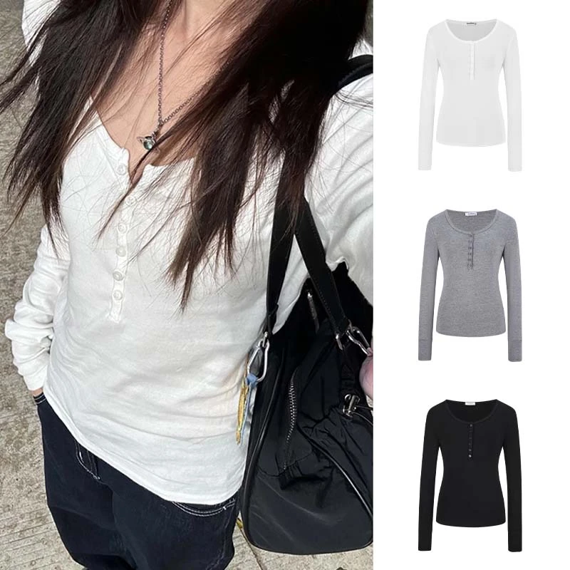 Moses Queen/魔西女王美式半开领纽扣长袖T恤秋修身正肩内搭上衣