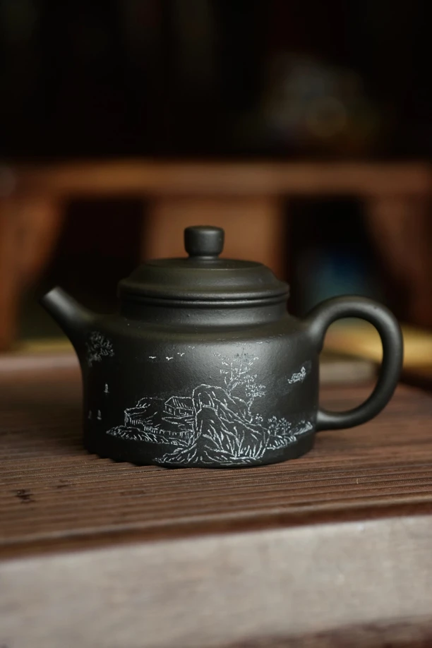 全手工德钟壶｜老段泥焐灰｜280cc 李昌鸿老师亲刻｜宜兴高群紫砂