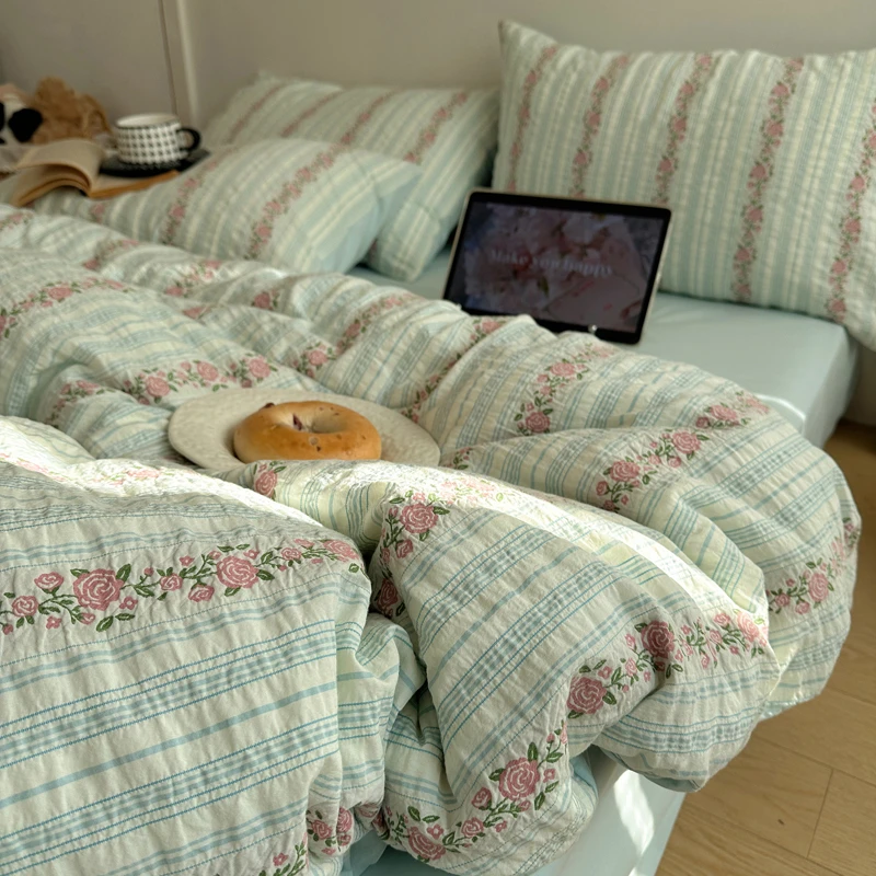 韩系碎花A类母婴级全棉色织条纹提花四件套纯棉被套床单柔软裸睡