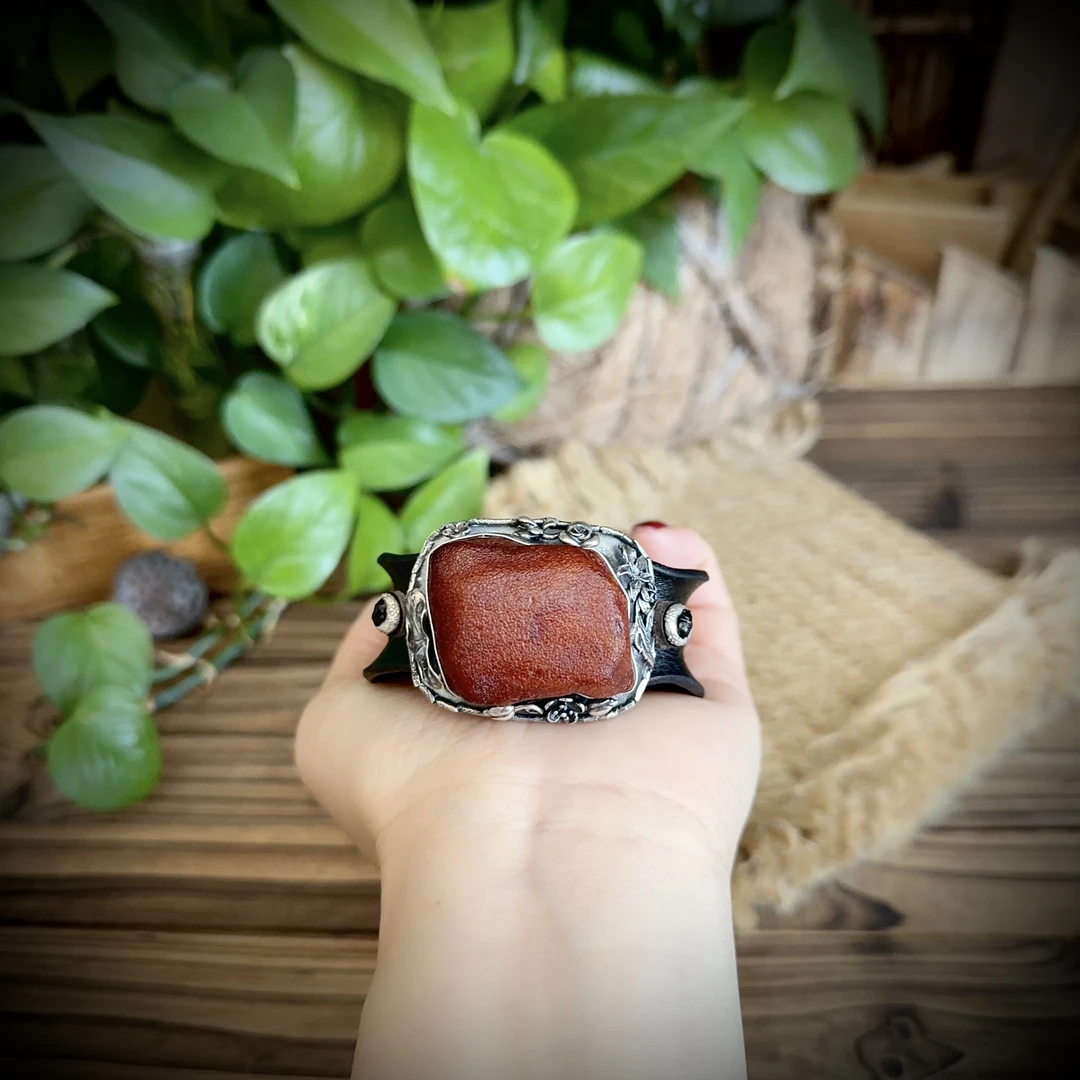 【古香古色】原创复古s925银蜜蜡琥珀皮手镯（开口可调节）