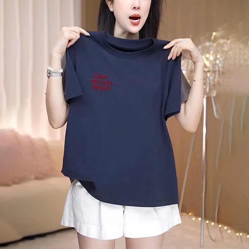 蓝色短袖t恤女夏季2025新款时尚减龄休闲显瘦正肩体恤衫刺绣上衣
