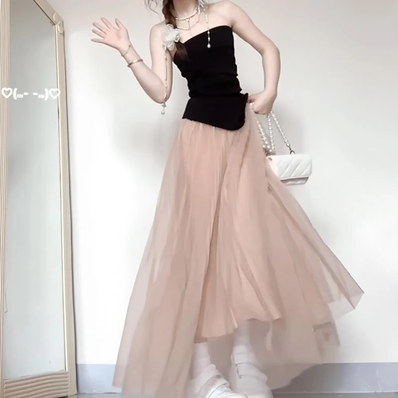 法式高端风黑色抹胸背心上衣高腰网纱半身裙两件套女夏季穿搭套装