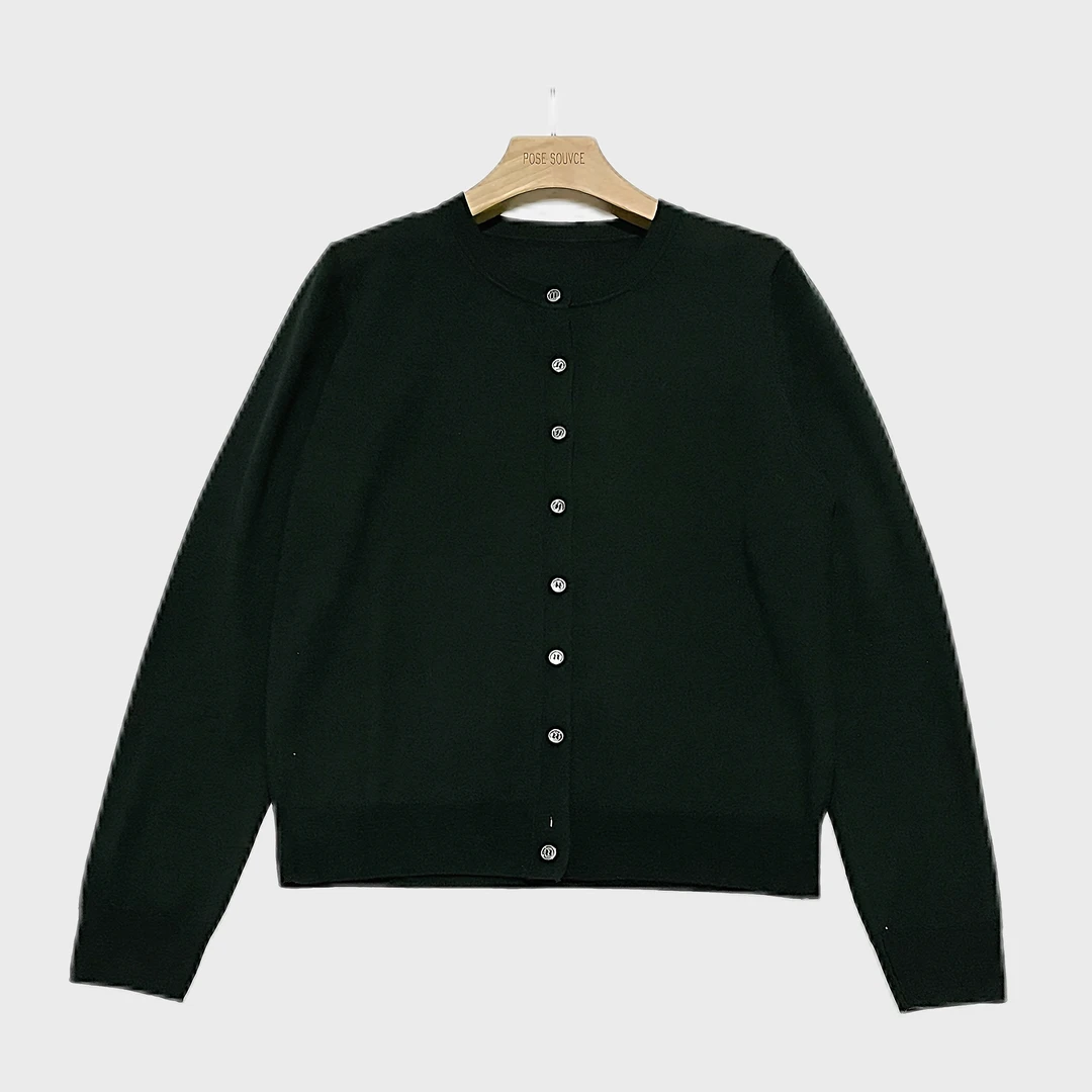 百大—羊毛圆领气质开衫黑色毛衣打底羊毛衫百搭