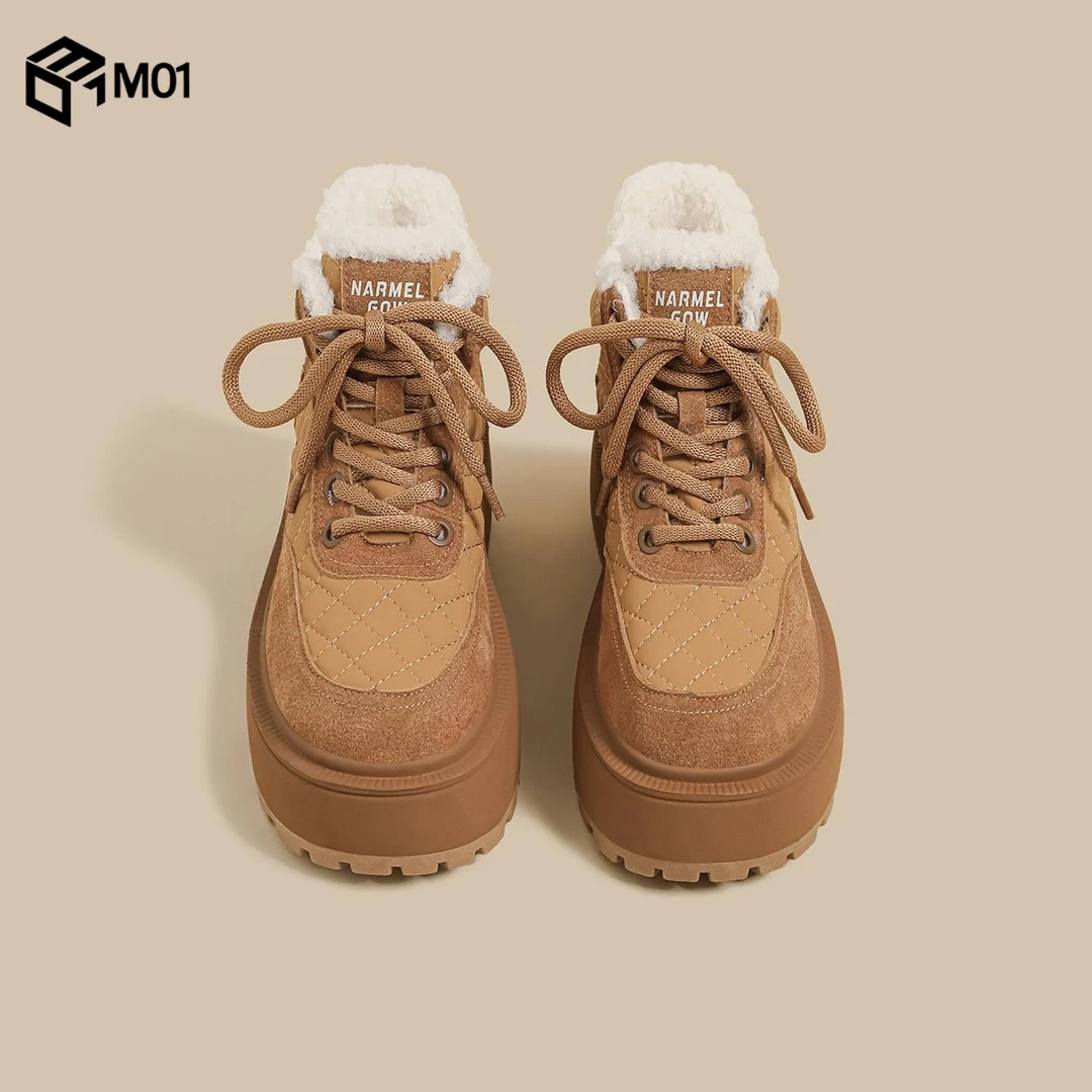 M01冬季新款雪地靴女黄色加绒系带休闲运动棉鞋厚底加厚毛毛鞋子