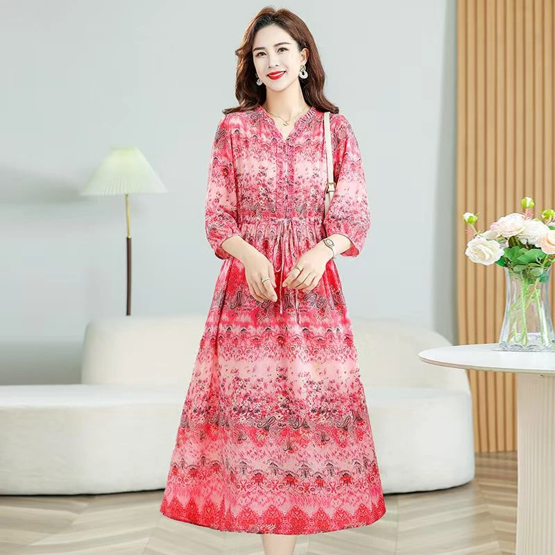 粉色碎花假日风   高定连衣裙显瘦气质高腰宽松桑蚕丝裙