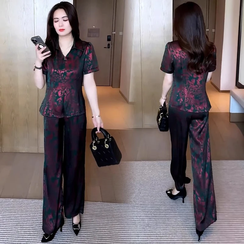 时尚显瘦套装女2025夏季新款洋气收腰印花短袖上衣阔腿裤两件套潮