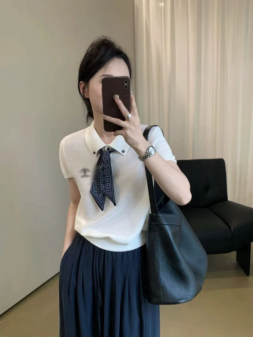 2025夏季韩版时尚翻领短袖针织衫女宽松减龄百搭休闲上衣