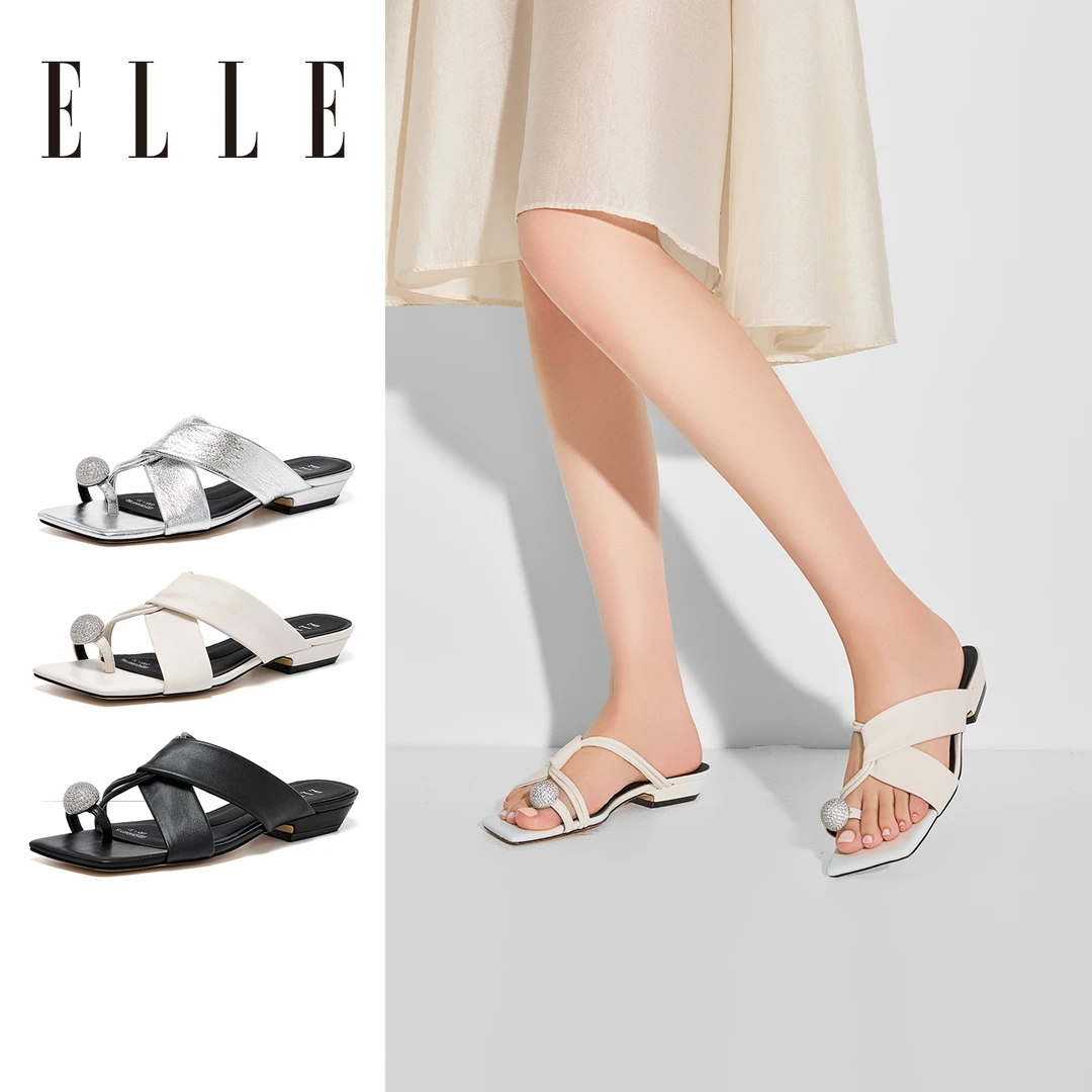 ELLE法式低跟一字拖鞋女夏天外穿2025新款鸽子蛋水钻凉鞋夹脚拖鞋