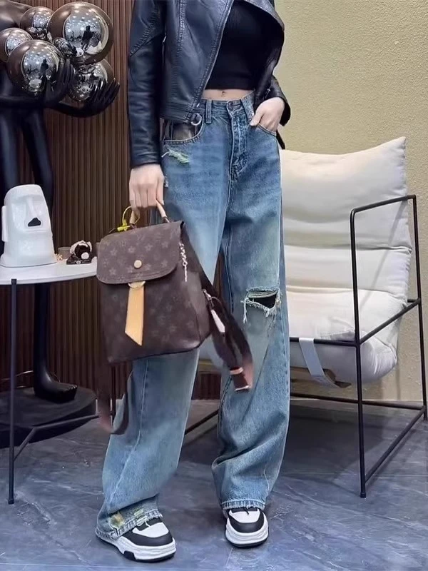 假破洞窄版阔腿牛仔裤女新款春季梨形身材大码胖妹妹mm宽松直筒裤