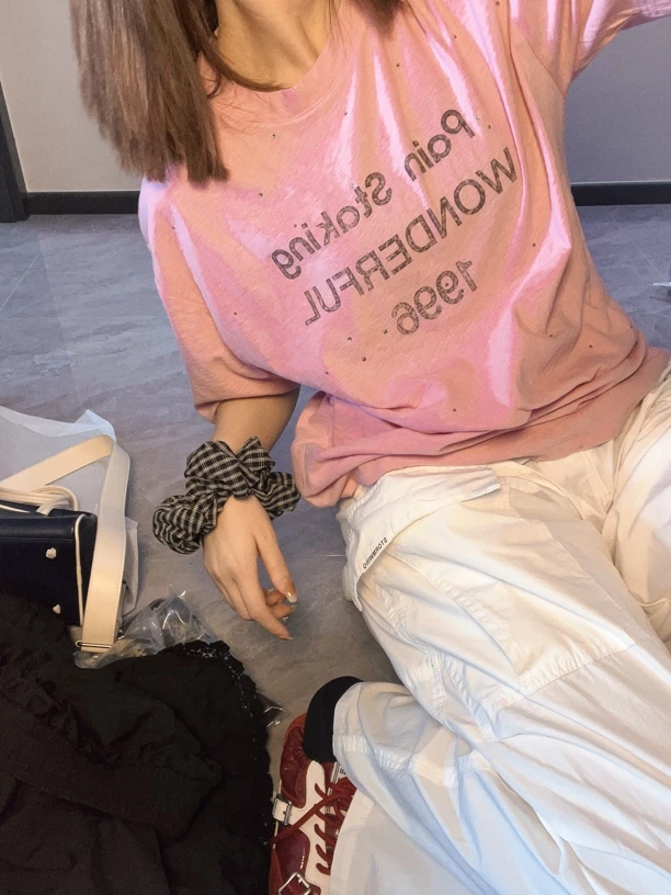 带钻藕粉色百搭半袖