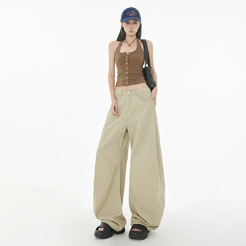 REDR杏色哈伦弯刀工装牛仔裤2025新款春秋宽松镰刀裤拖地阔腿裤