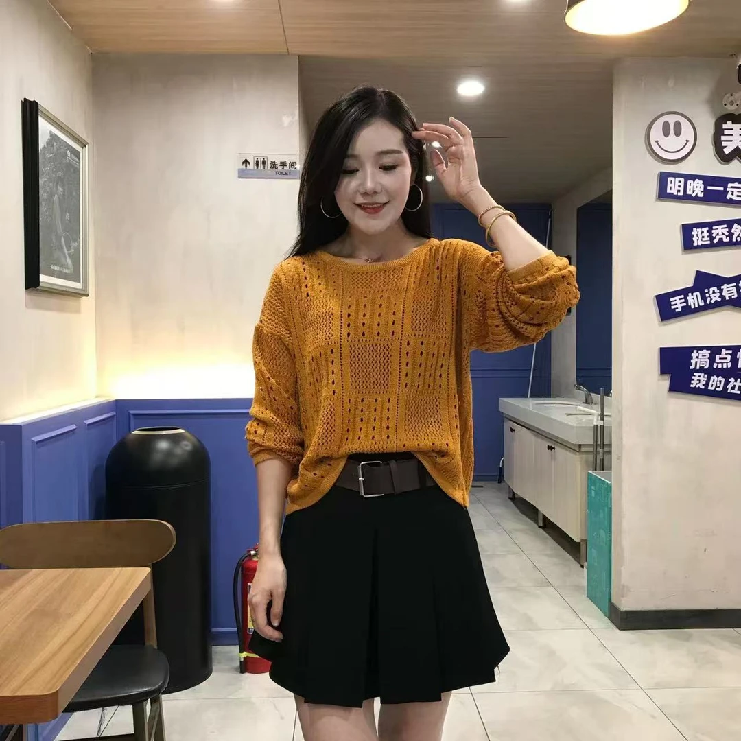 秋季针织衫毛衣女新款时尚圆领镂空慵懒风外搭宽松显瘦纯色毛衣