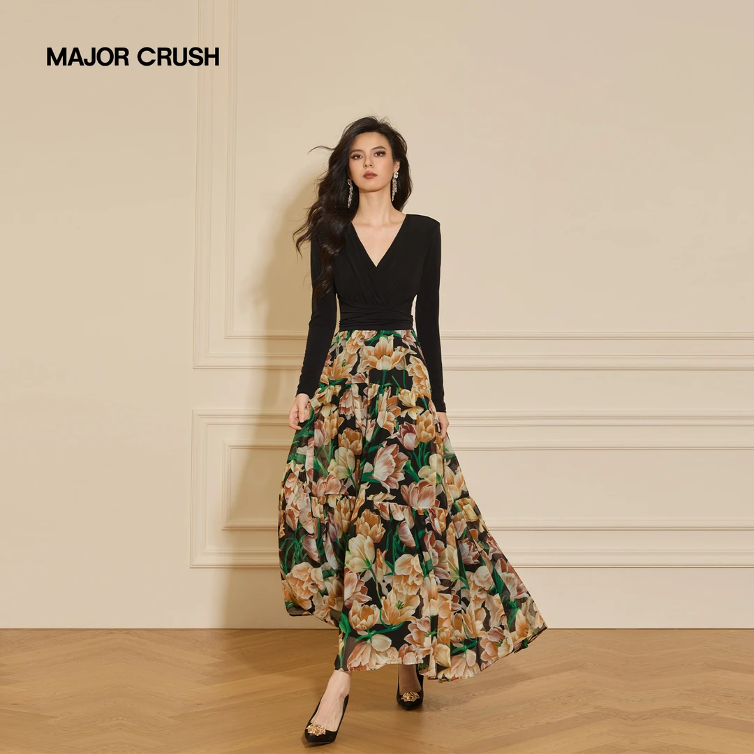 MAJOR CRUSH秋季新款月澜郁金蛋糕裙印花拼接优雅浪漫连衣裙7625