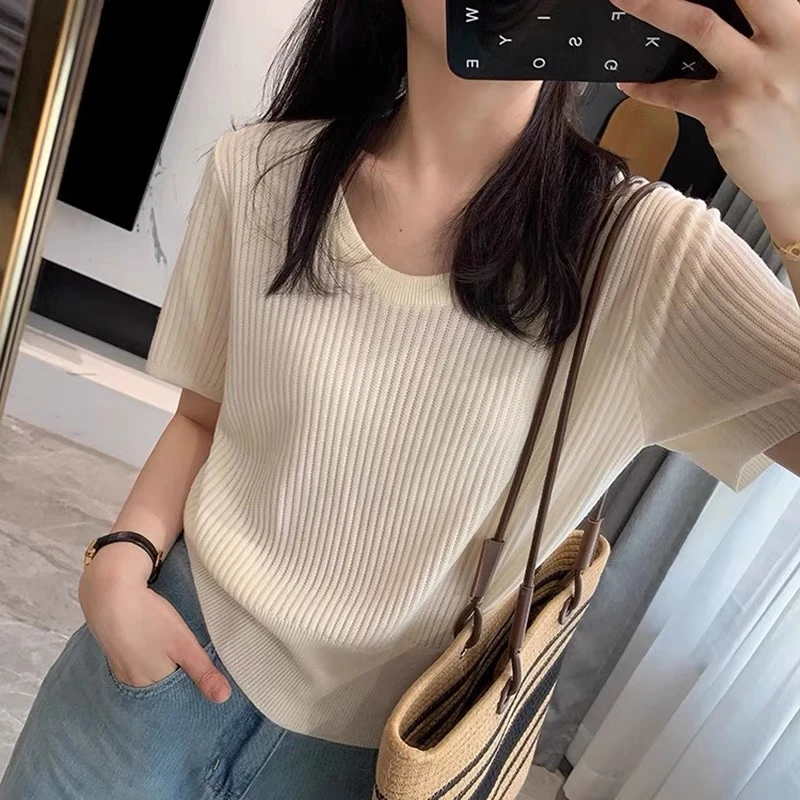 【米白色】3785超柔软新款高品质圆领针织上衣
