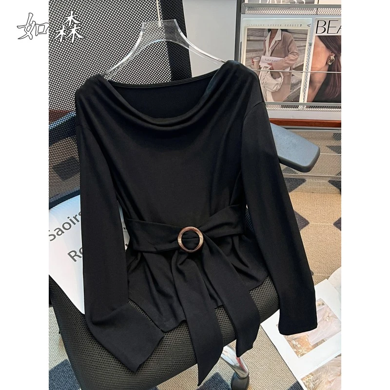 黑色一字露肩荡领长袖打底衫T恤女2025秋新款不规则下摆短款上衣
