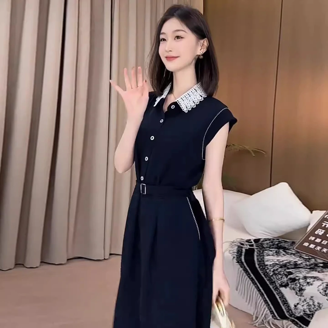 时尚短袖连衣裙女2025夏季新款洋气显瘦蕾丝拼接A字收腰中长裙子