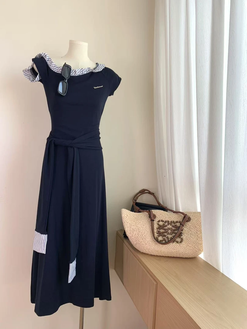 BELE ZHANG【邻家学姐】韩系夏季拼接撞色显瘦斜肩连衣裙-1125