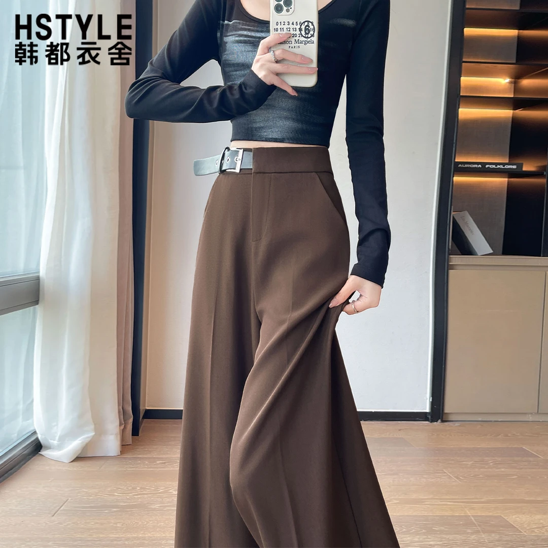 韩都衣舍美拉德高腰西装裤女2025秋小个子直筒阔腿裤休闲拖地裤子