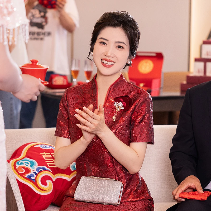 2025年新款V领喜婆婆喜妈妈婚宴旗袍高端气质敬酒礼服1177