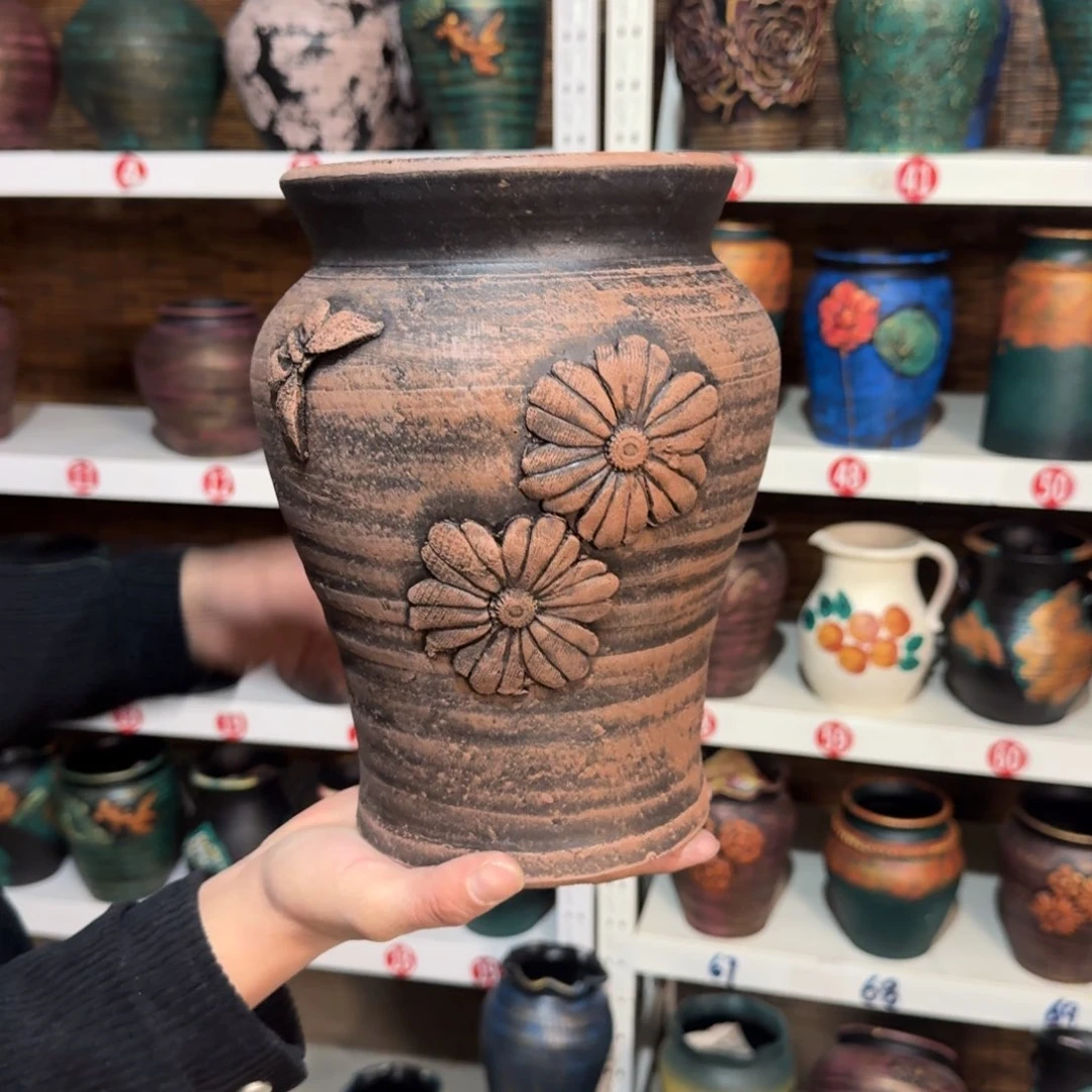 红陶红陶浮雕花盆炸炸炸
