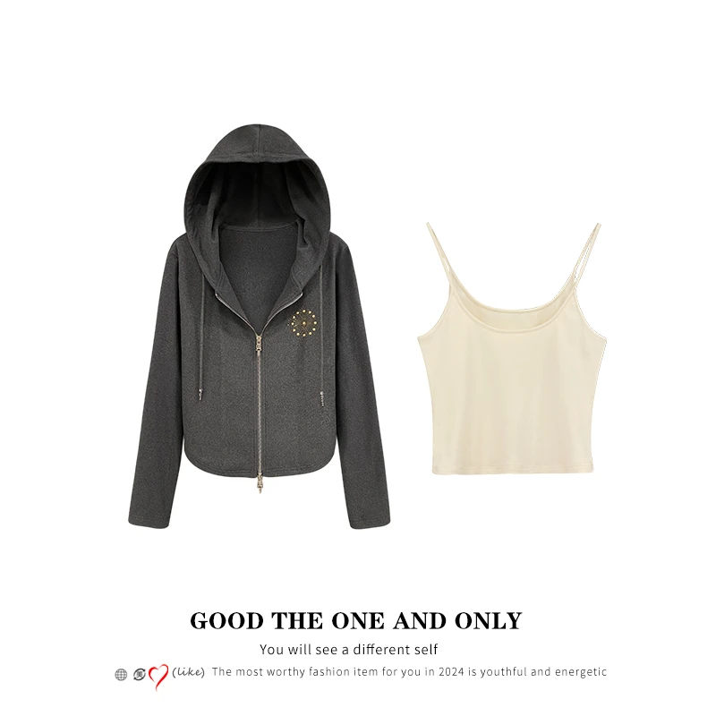 【云朵肤感】高级感双面德绒时尚重工烫钻上衣吊带两件套801146