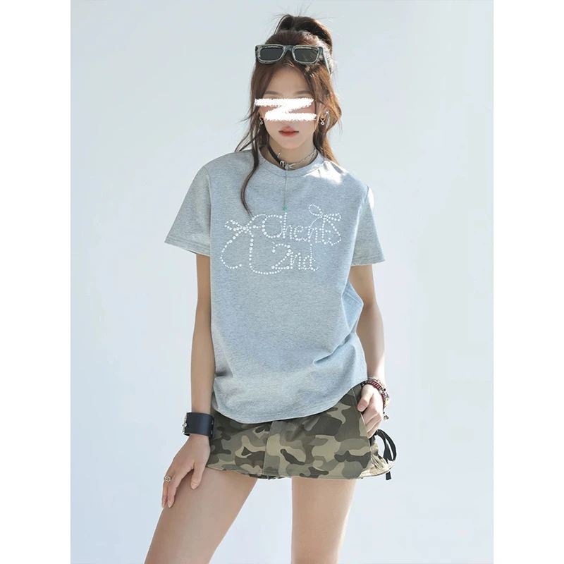 MosesQueen/魔西女王蝴蝶结烫钻正肩短袖t恤夏时髦凉感宽松上衣