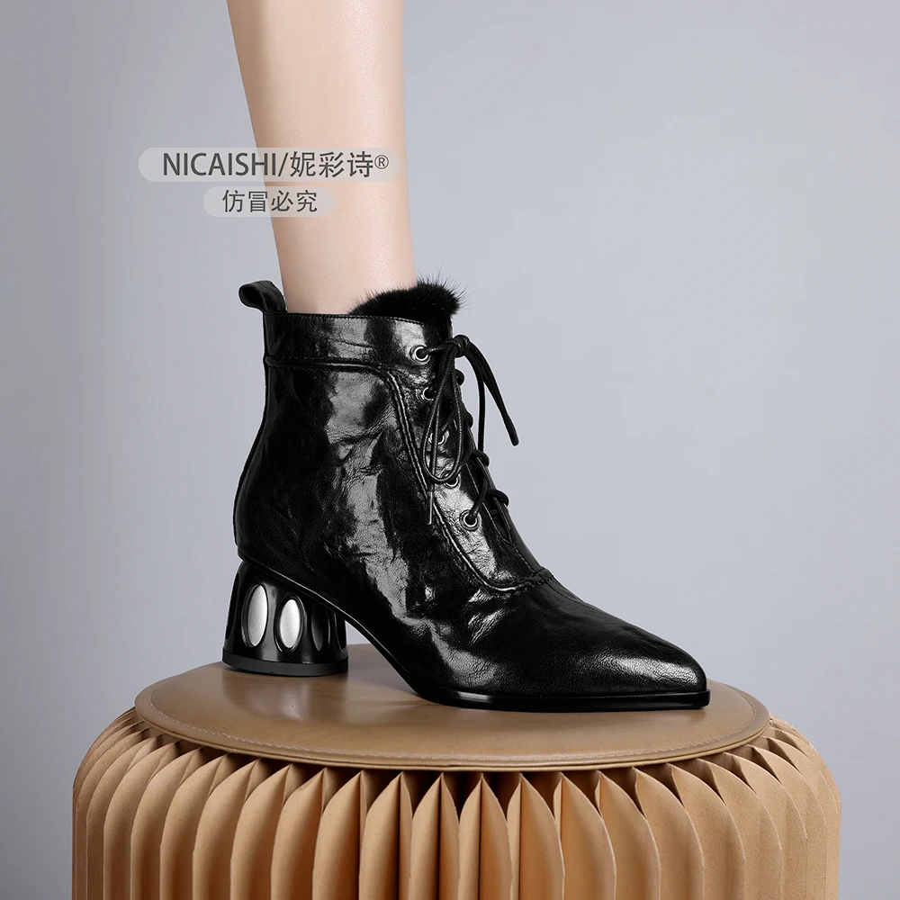 2024年新款韩版系带简约时尚短靴气质粗跟加绒舒适百搭尖头靴0927