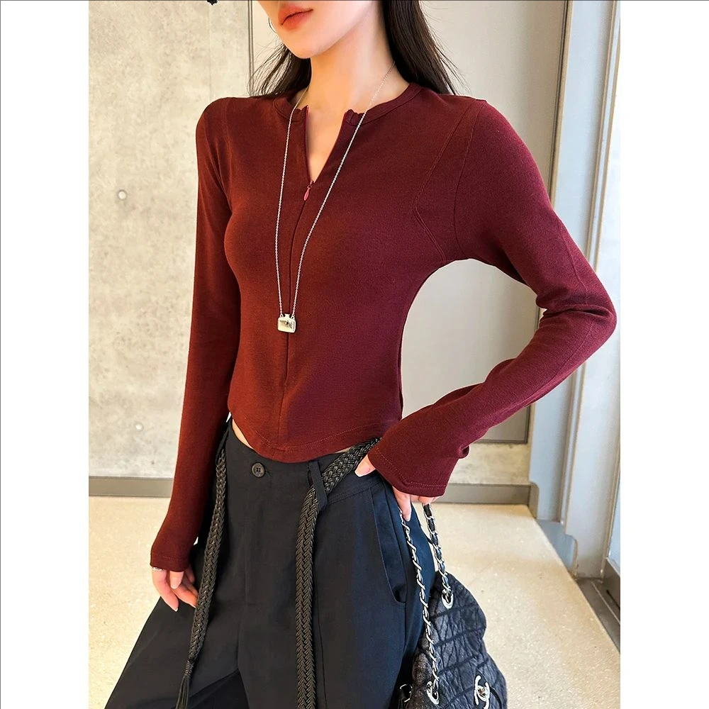 动感少女韩版2025秋季新款拉链百搭长袖T恤女修身显瘦V领套头上衣