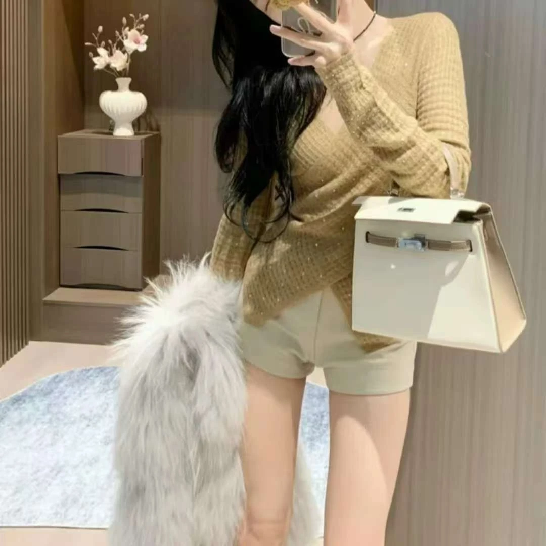 [春歌]V领华夫格上衣女交叉带钻软糯毛衣纯色修身套头时尚V领洋气