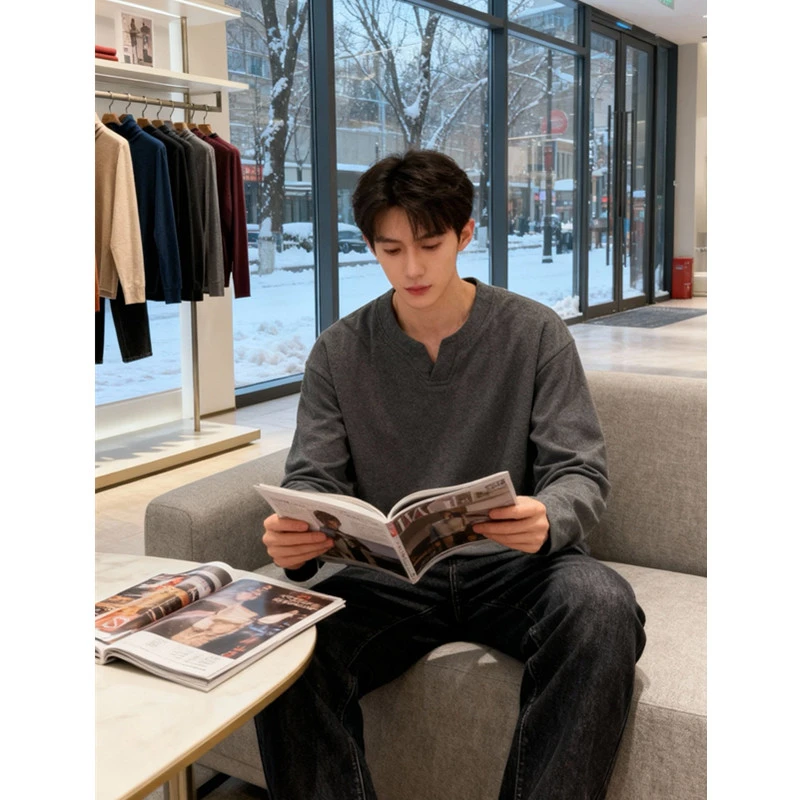 秋冬男士V领德绒打底衫灰色休闲百搭显瘦套头长袖t恤内搭上衣男生