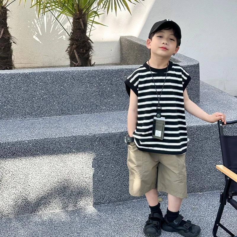 男童夏季套装儿童无袖背心新款宝宝条纹上衣速干短裤时尚宽松夏款