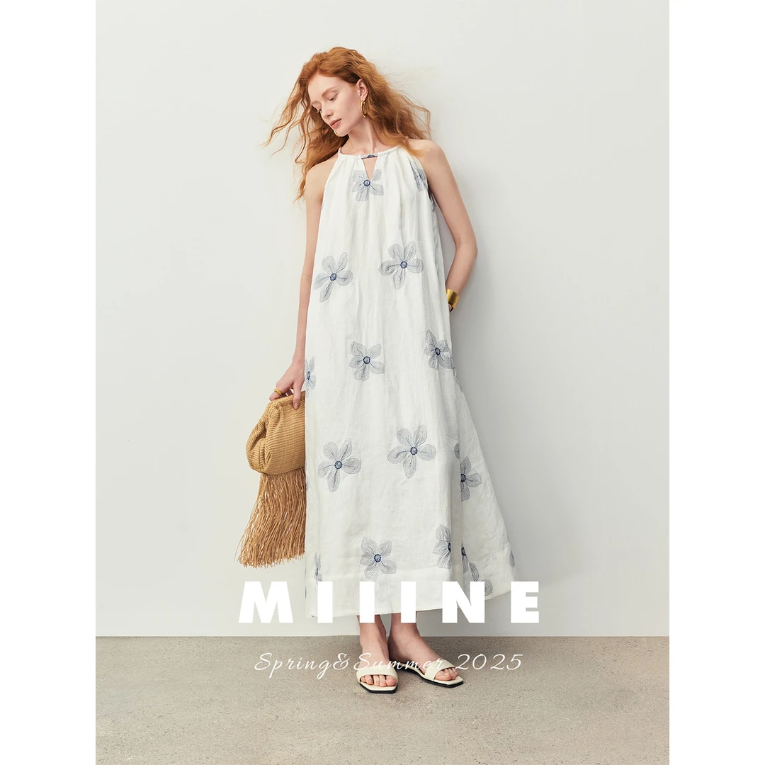 MIIINE 蓝铃裙 V领无袖挂脖露肩白色长款绣花连衣裙 法式度假风
