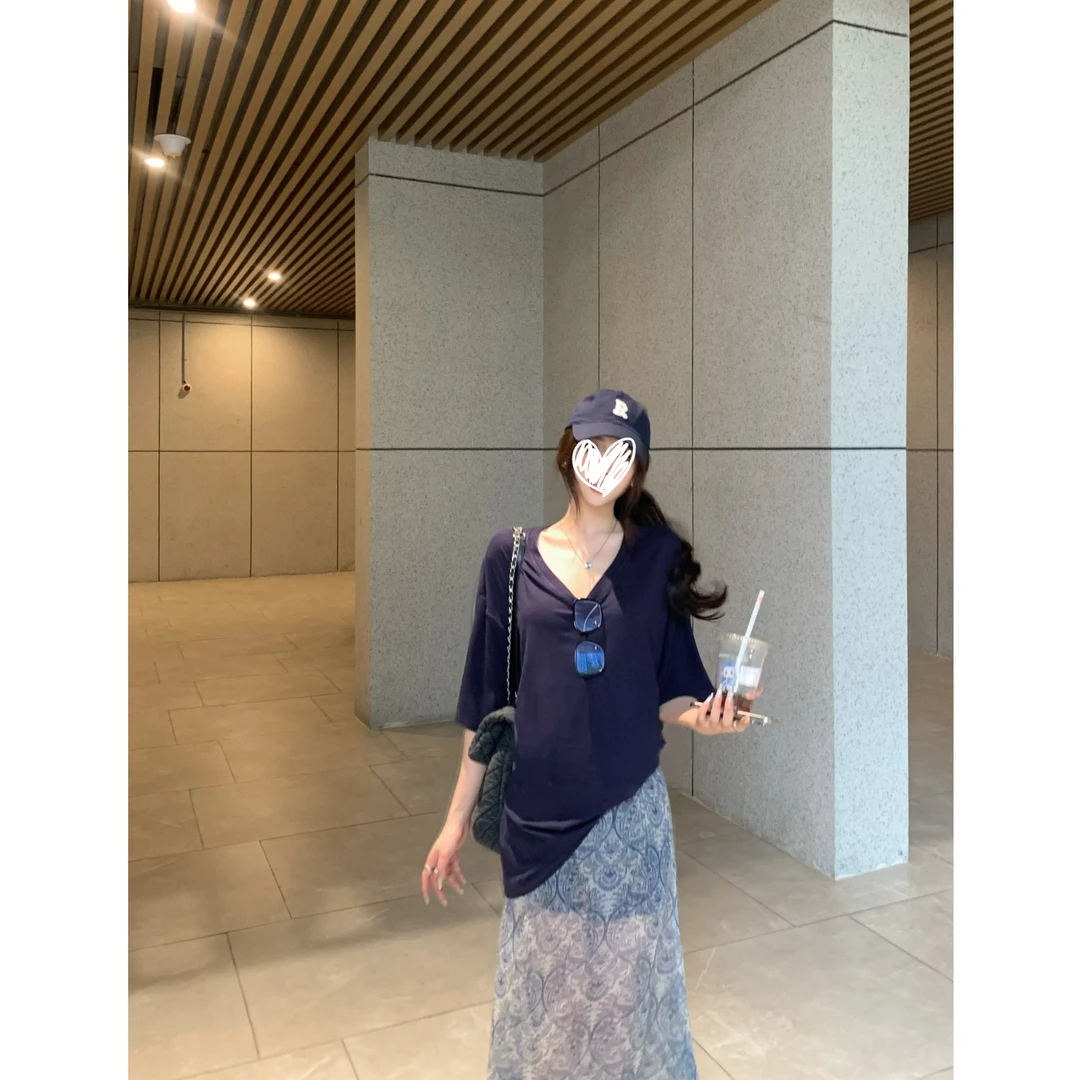 【青花瓷】宽松显瘦上衣T恤纯色上衣+印花透纱半身裙 8735#