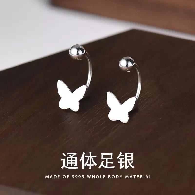 足银耳饰 S999银蝴蝶耳钉女韩版气质小清新耳勾2025年新款小众